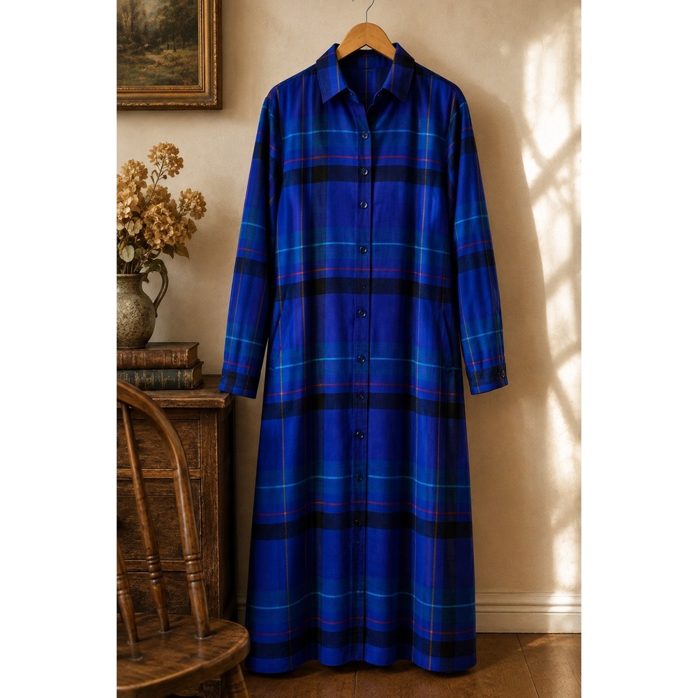 Vintage 80s Wool Plaid Shirt Dress Duster Blue Made in UK St Michael
Size 10